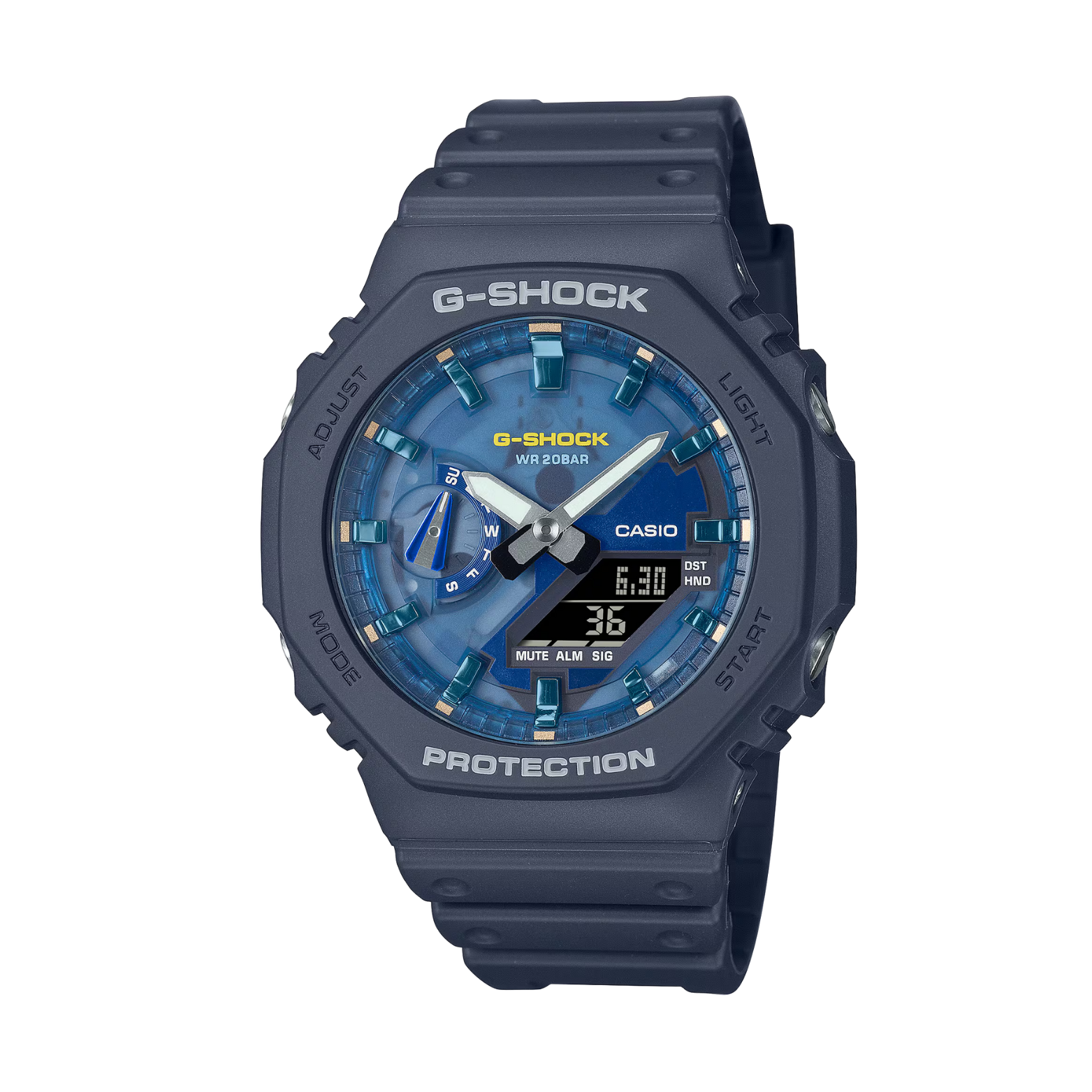 Blue Casio G-Shock watch on a white background