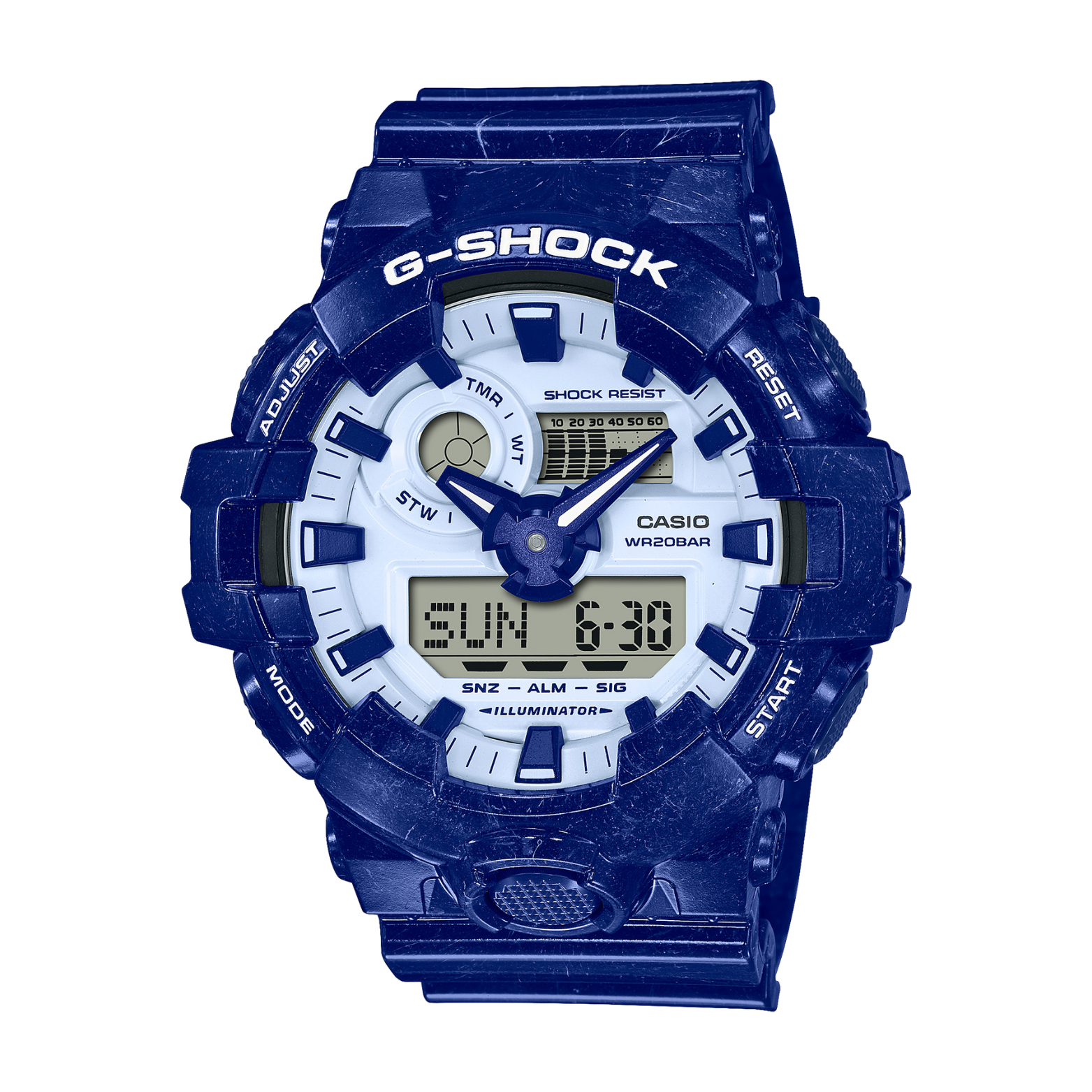 A blue CASIO G-SHOCK analog-digital watch with a resin band and a digital display showing the time.