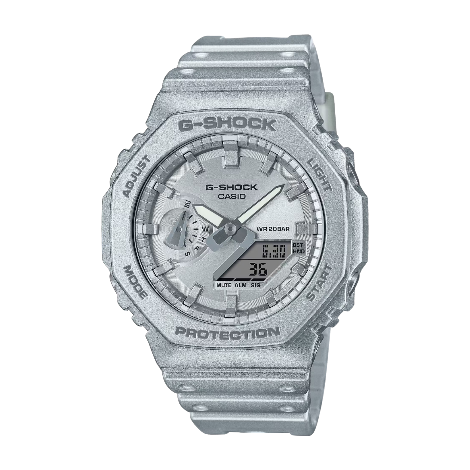 A gray CASIO G-SHOCK GA-2100FF-8ADR watch with a digital display, resin band, and multiple watch features visible.
