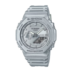 A gray CASIO G-SHOCK GA-2100FF-8ADR watch with a digital display, resin band, and multiple watch features visible.