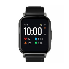 Black smartwatch with a display showing time and health metrics on a white background