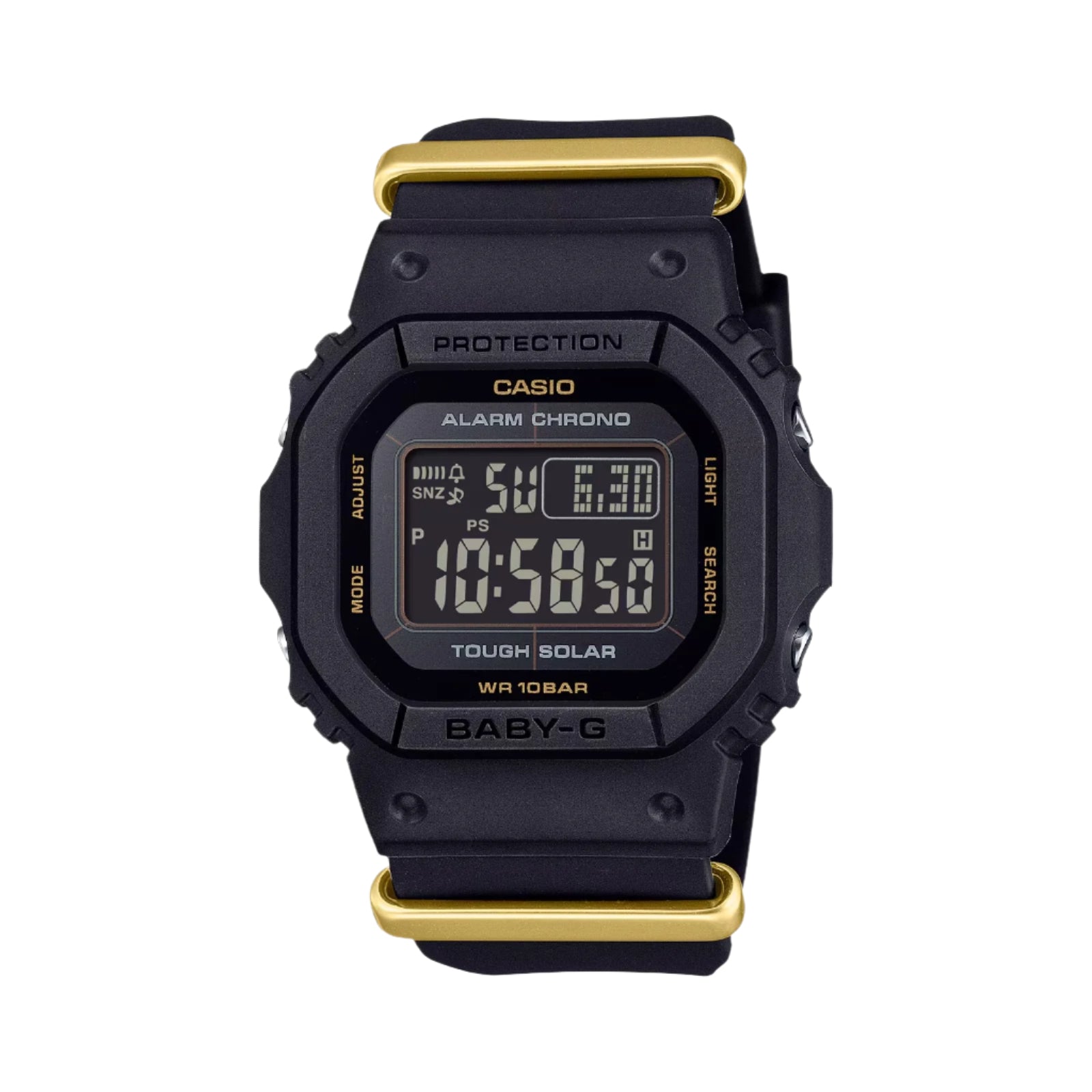A black and gold CASIO G-SHOCK digital watch with a resin band and mineral glass exterior.
