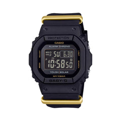 A black and gold CASIO G-SHOCK digital watch with a resin band and mineral glass exterior.