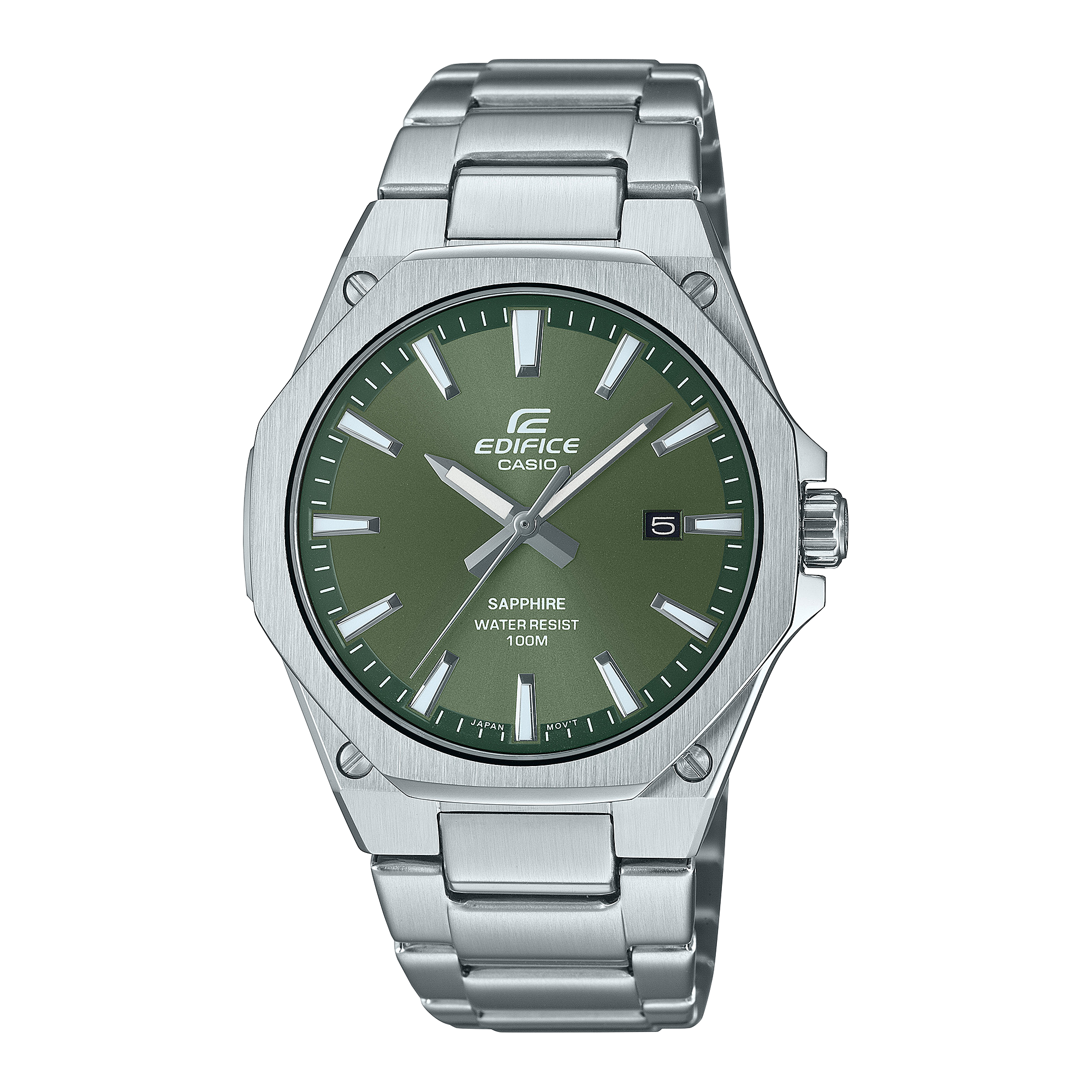 A green-dial CASIO EDIFICE analog watch with a stainless steel band and case, featuring sapphire crystal exterior glass.
