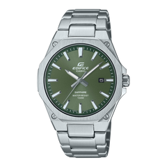 A green-dial CASIO EDIFICE analog watch with a stainless steel band and case, featuring sapphire crystal exterior glass.