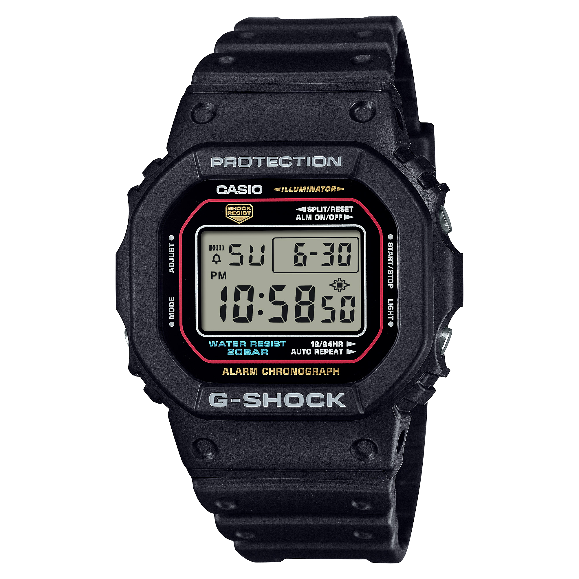 A black CASIO G-SHOCK DW-5600 watch with a digital display, showing features such as stopwatch, countdown timer, and alarm.