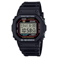 A black CASIO G-SHOCK DW-5600 watch with a digital display, showing features such as stopwatch, countdown timer, and alarm.