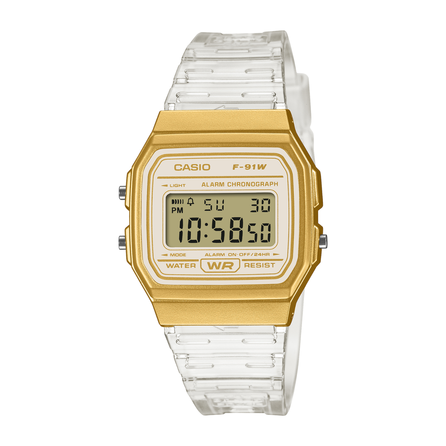 Gold Casio digital watch with clear strap on a white background