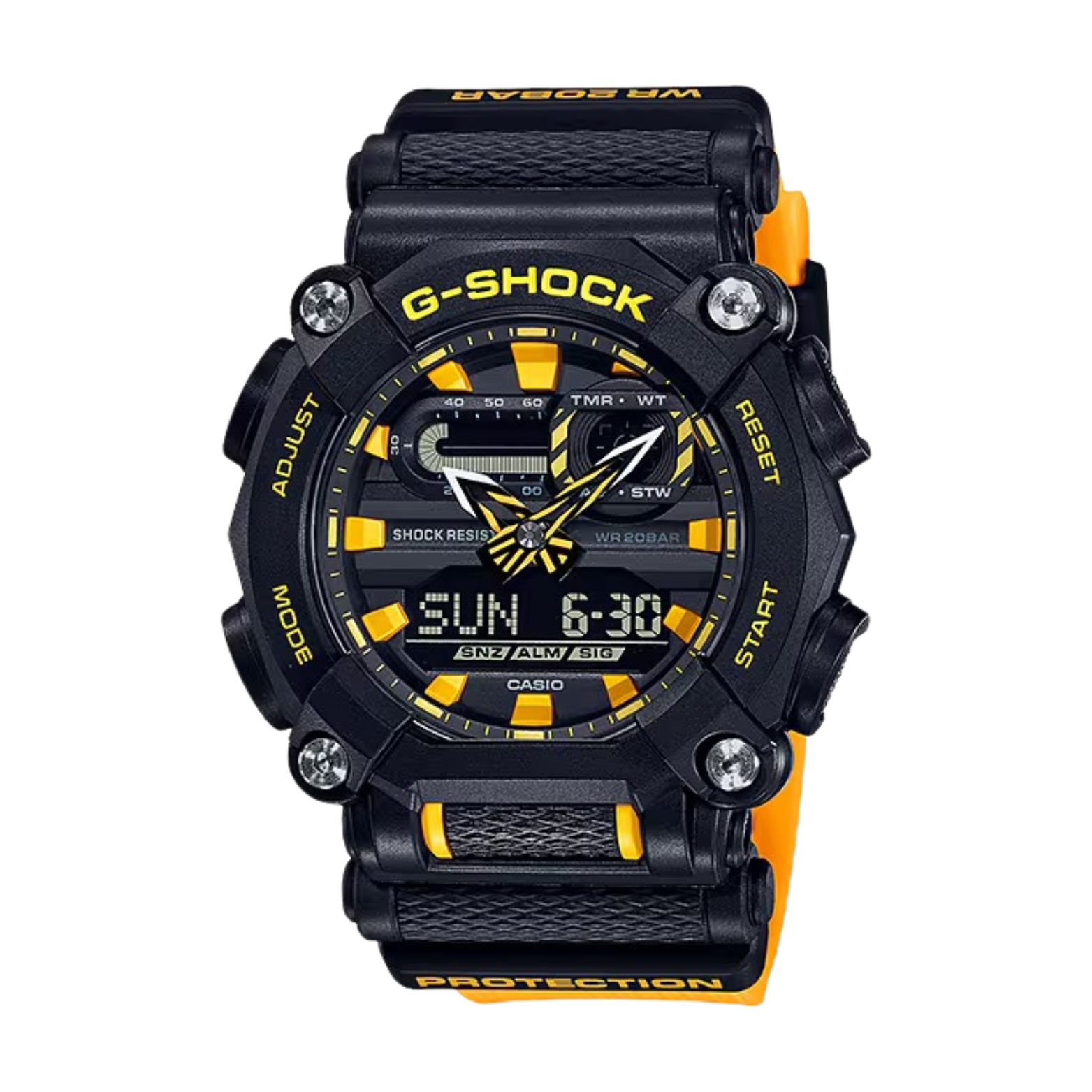 A black and orange CASIO G-SHOCK watch with analog and digital displays, and a resin band.