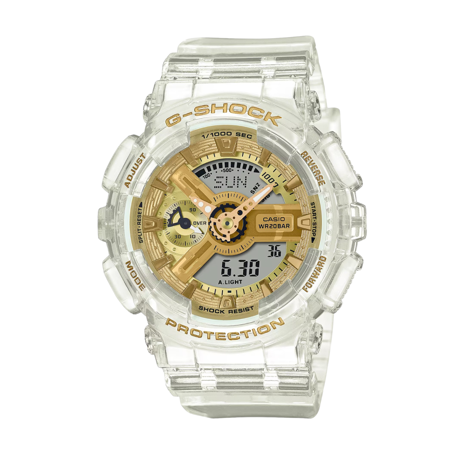 A Casio G-Shock watch with a clear resin band and a gold-colored digital display, showing time, date, and various watch features.