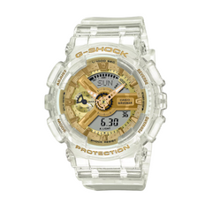 A Casio G-Shock watch with a clear resin band and a gold-colored digital display, showing time, date, and various watch features.