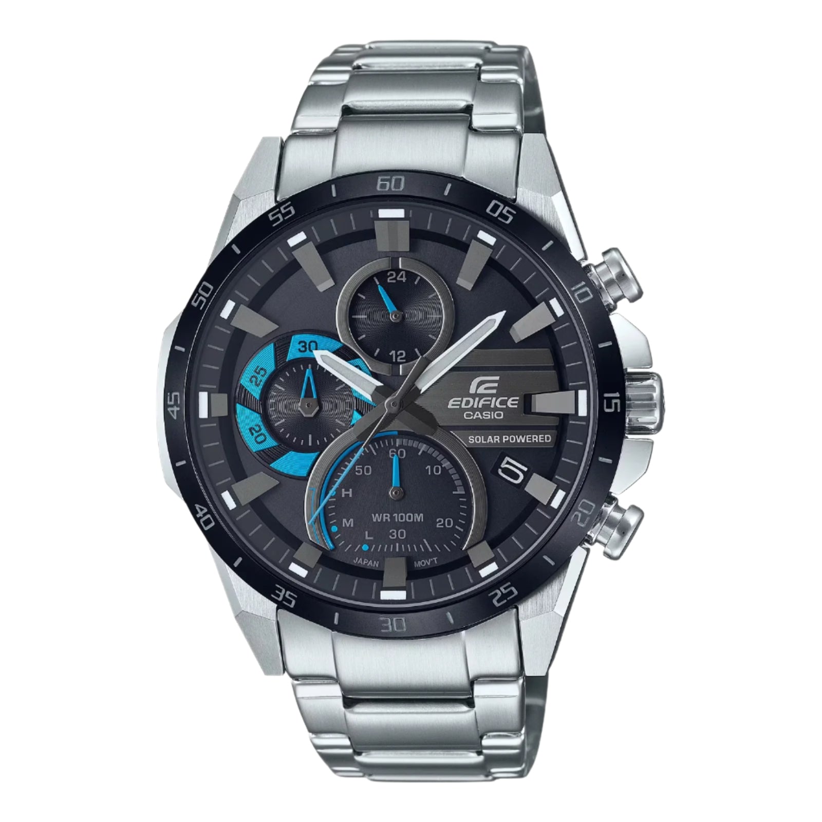 A Casio Edifice EQS-940DB-1BVUDF watch with a stainless steel band and a black ion-plated case, featuring a black dial with blue accents.