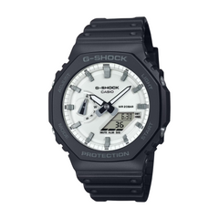 A black CASIO G-SHOCK watch with a white dial, digital display, and black band.