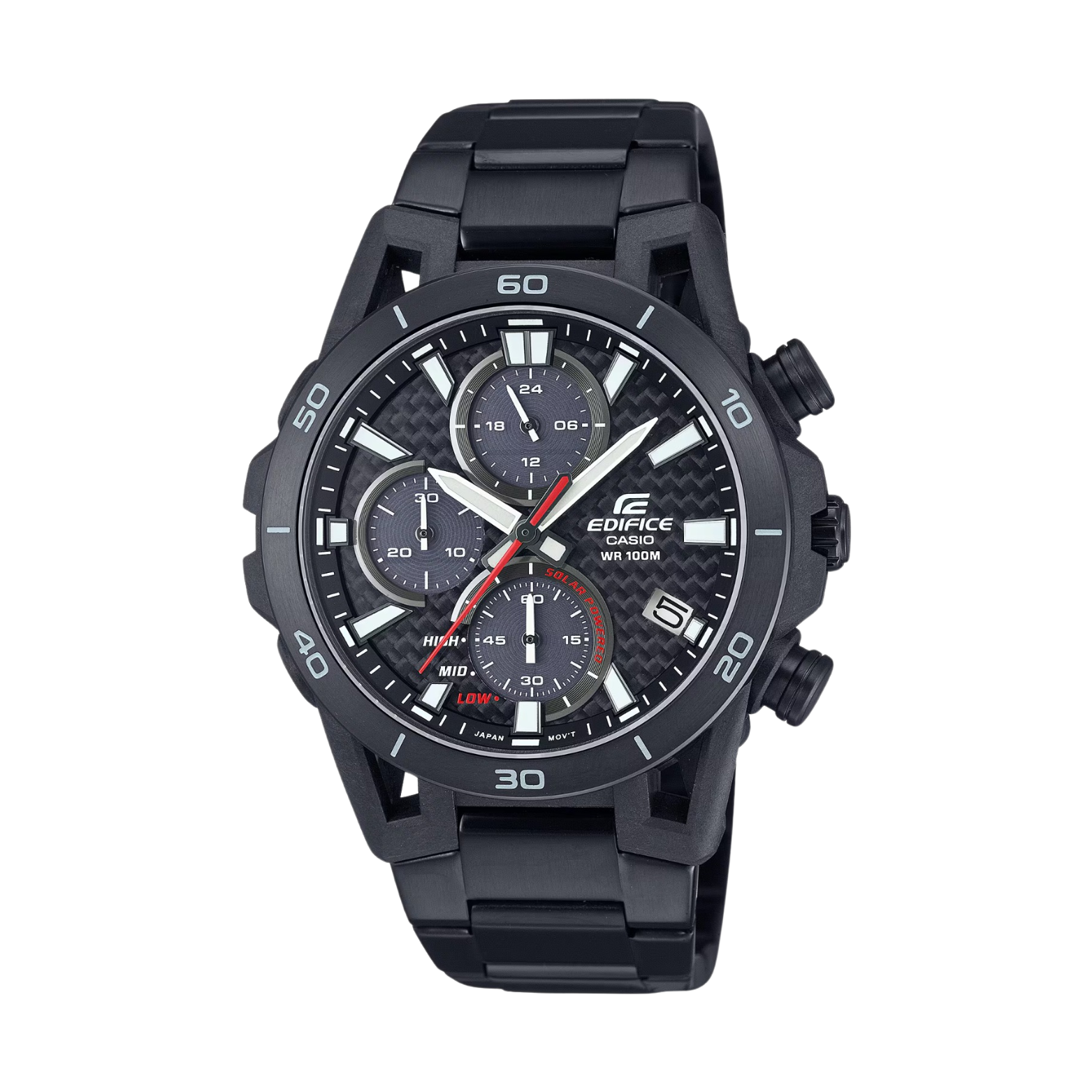 A black CASIO EDIFICE analog watch with a black ion plated band, black ion plated bezel, and a black dial featuring a stopwatch and date display.