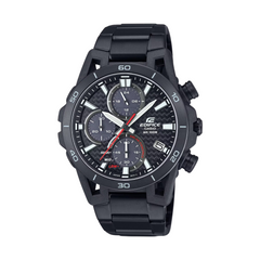 A black CASIO EDIFICE analog watch with a black ion plated band, black ion plated bezel, and a black dial featuring a stopwatch and date display.
