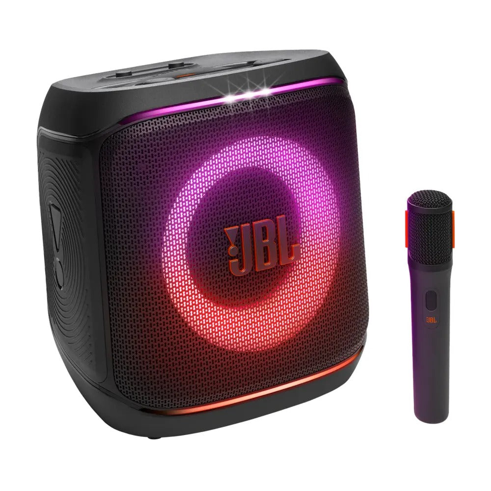 A portable party speaker with a wireless microphone, both in black color. The speaker has multicolored LED lights on the front and the microphone is sleek with a JBL logo on it.
