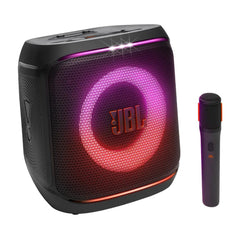 A portable party speaker with a wireless microphone, both in black color. The speaker has multicolored LED lights on the front and the microphone is sleek with a JBL logo on it.