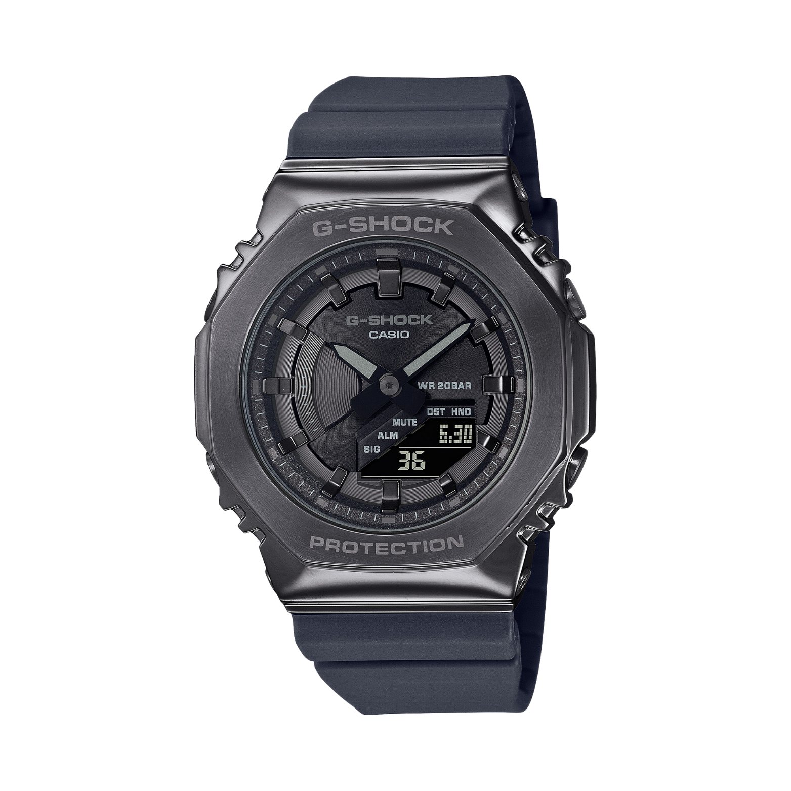A black CASIO G-SHOCK watch with a resin band and digital display, showing time and various watch features.