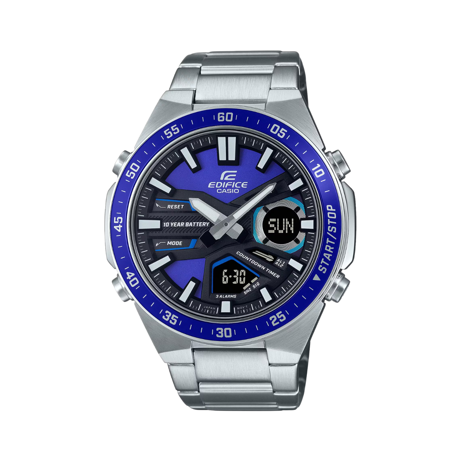 A Casio Edifice EFV-C110D-2AVDF watch with a stainless steel band and case, featuring a blue dial and digital display.