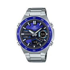 A Casio Edifice EFV-C110D-2AVDF watch with a stainless steel band and case, featuring a blue dial and digital display.