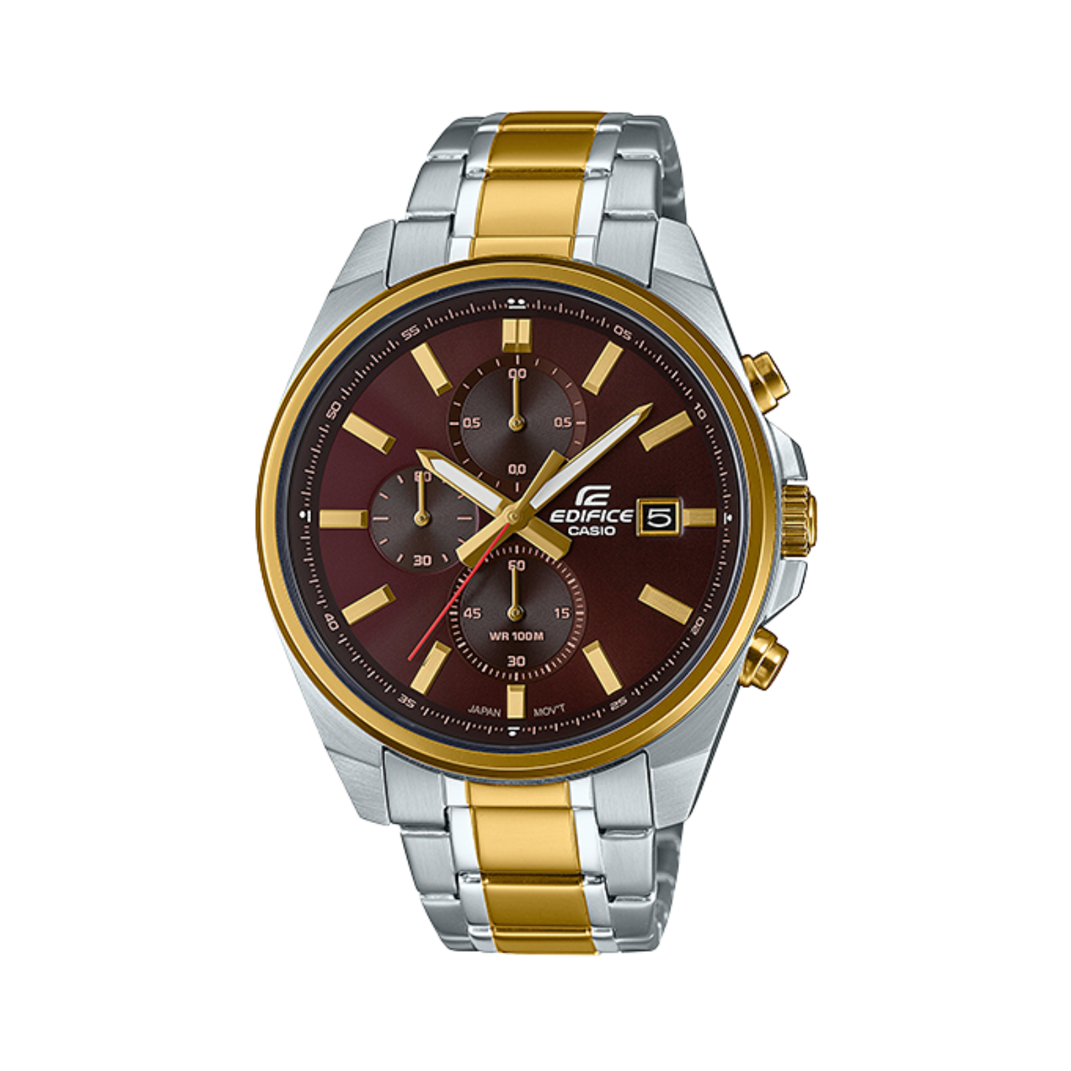 A Casio Edifice analog watch with a two-tone stainless steel band, a gold ion-plated bezel, and a red dial.