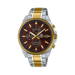 A Casio Edifice analog watch with a two-tone stainless steel band, a gold ion-plated bezel, and a red dial.