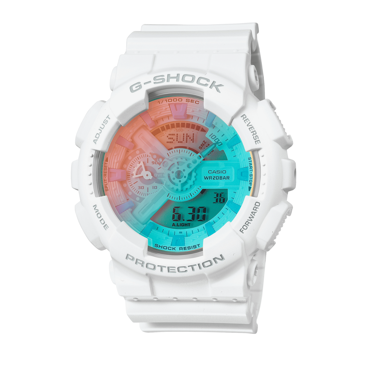 A Casio G-Shock watch with a white band and case, featuring a digital display with a blue and orange color scheme.