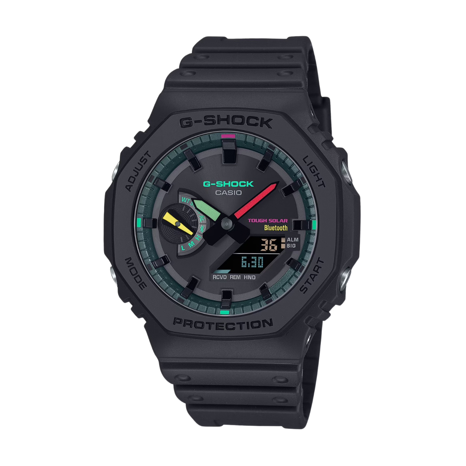 A black CASIO G-SHOCK watch with a digital display and analog hands, featuring a carbon case and a bio-based resin band.
