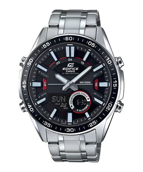 A Casio Edifice EFV-C100D-1AVDF watch with a black dial, stainless steel band, and digital and analog features.