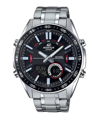 A Casio Edifice EFV-C100D-1AVDF watch with a black dial, stainless steel band, and digital and analog features.