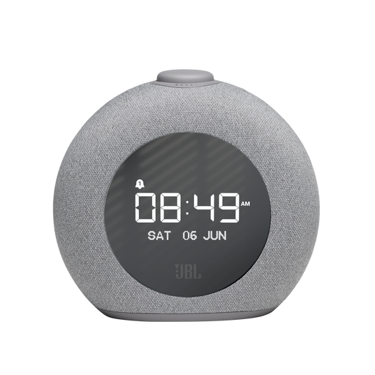 A JBL Horizon 2 Bluetooth clock radio speaker with a gray fabric cover, displaying time on a LCD screen, and two USB ports.
