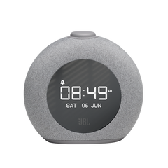 A JBL Horizon 2 Bluetooth clock radio speaker with a gray fabric cover, displaying time on a LCD screen, and two USB ports.