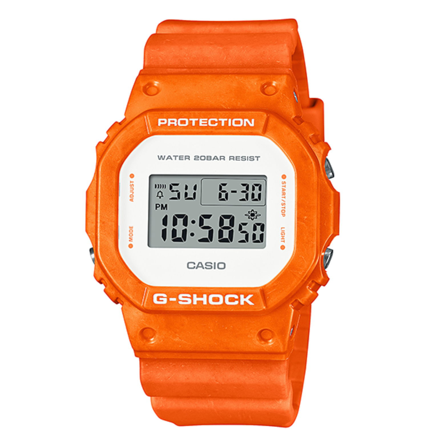 A digital Casio G-Shock watch with an orange band and casing, displaying time and date on its screen.