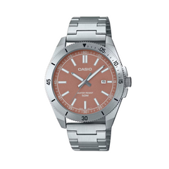 A CASIO analog watch with a silver stainless steel band and case, featuring a rose gold dial and a date display.