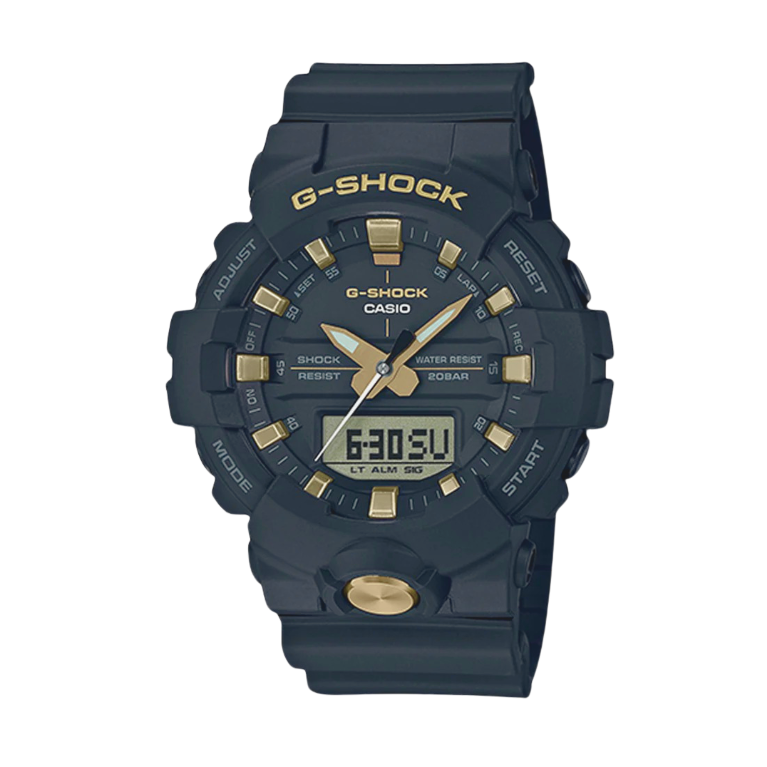 A Casio G-Shock GA-810B-1A9DR watch with a matte black resin band and a black analog-digital dial with gold accents.
