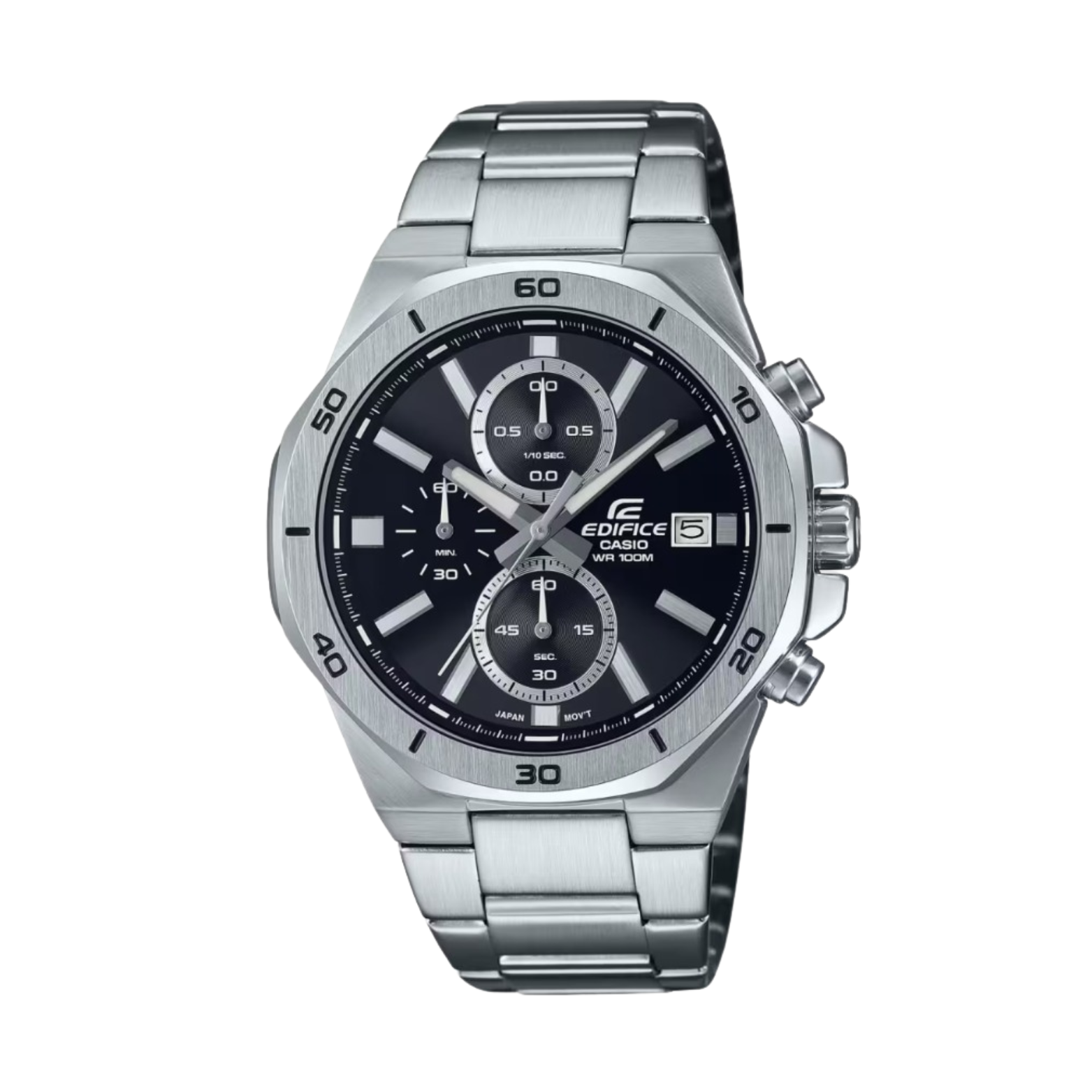 A Casio Edifice EFV-640D-1AVUDF watch with a stainless steel band and a black analog dial with tachymeter, date display and three sub-dials.