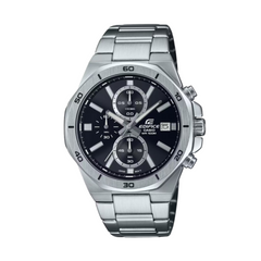 A Casio Edifice EFV-640D-1AVUDF watch with a stainless steel band and a black analog dial with tachymeter, date display and three sub-dials.