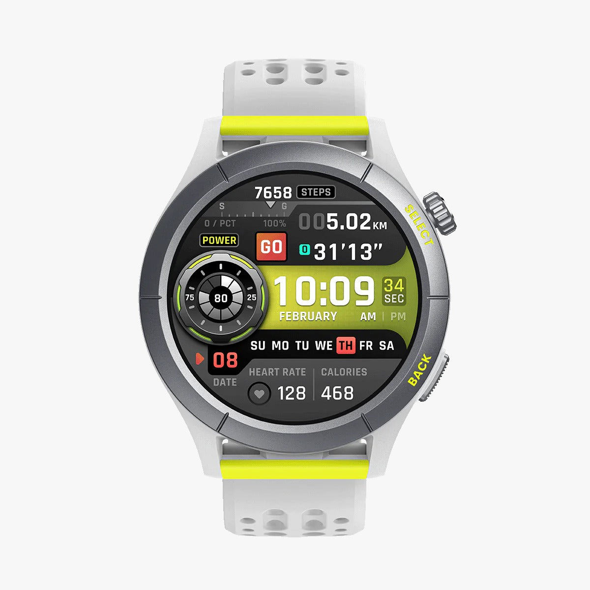 Smartwatch with a white and yellow band on a white background