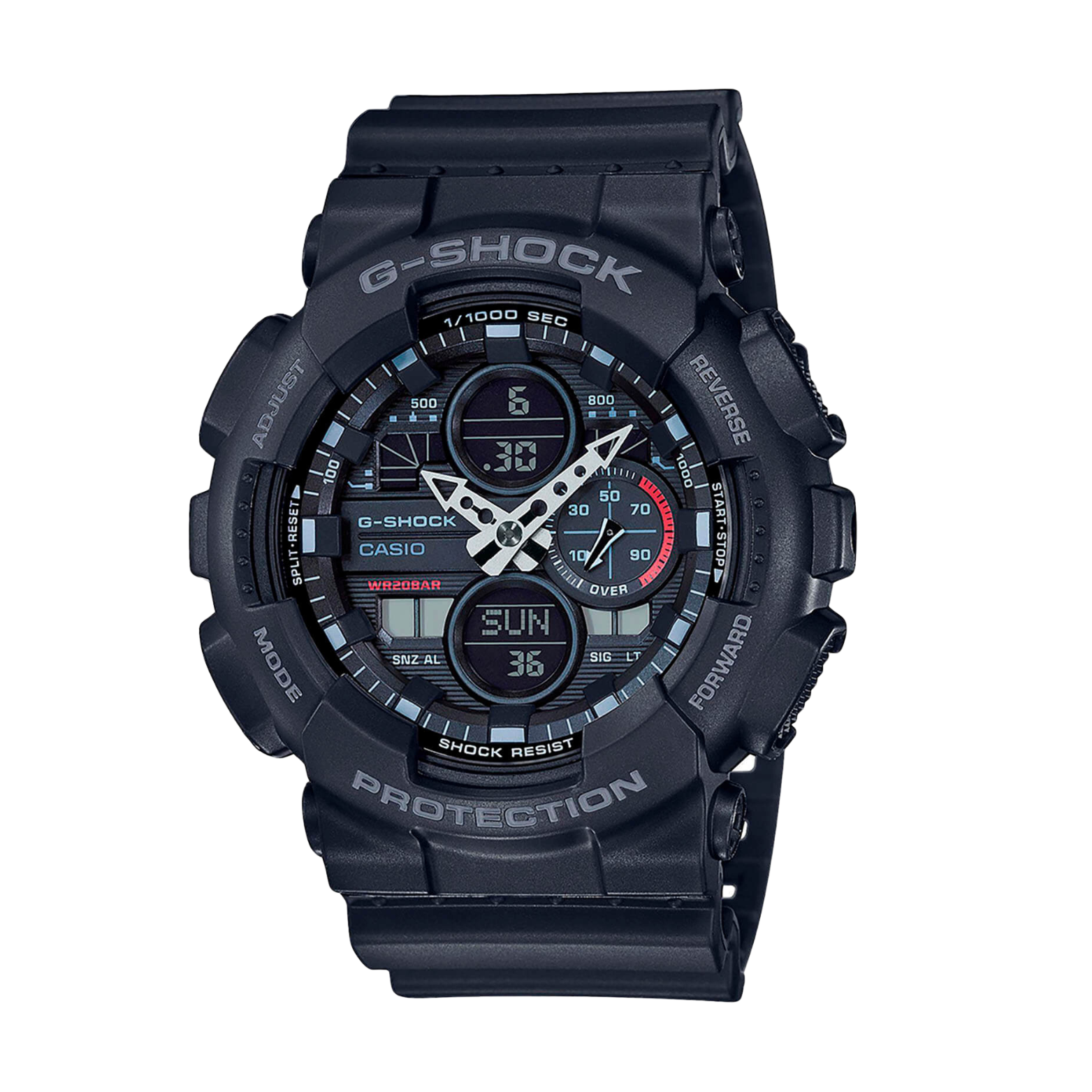 A black CASIO G-SHOCK GA-140-1A1DR analog-digital watch with a resin band, displaying a digital screen and analog hands.
