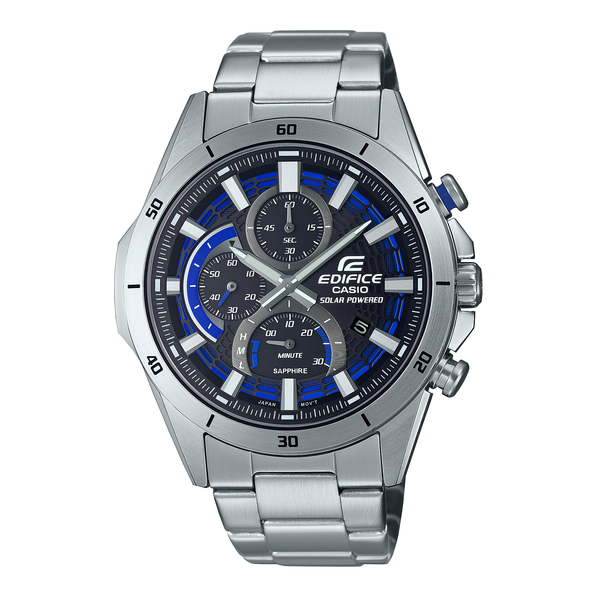 A Casio Edifice analog watch with a stainless steel band and a blue dial featuring multiple subdials and a digital display.