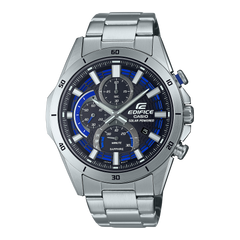 A Casio Edifice analog watch with a stainless steel band and a blue dial featuring multiple subdials and a digital display.