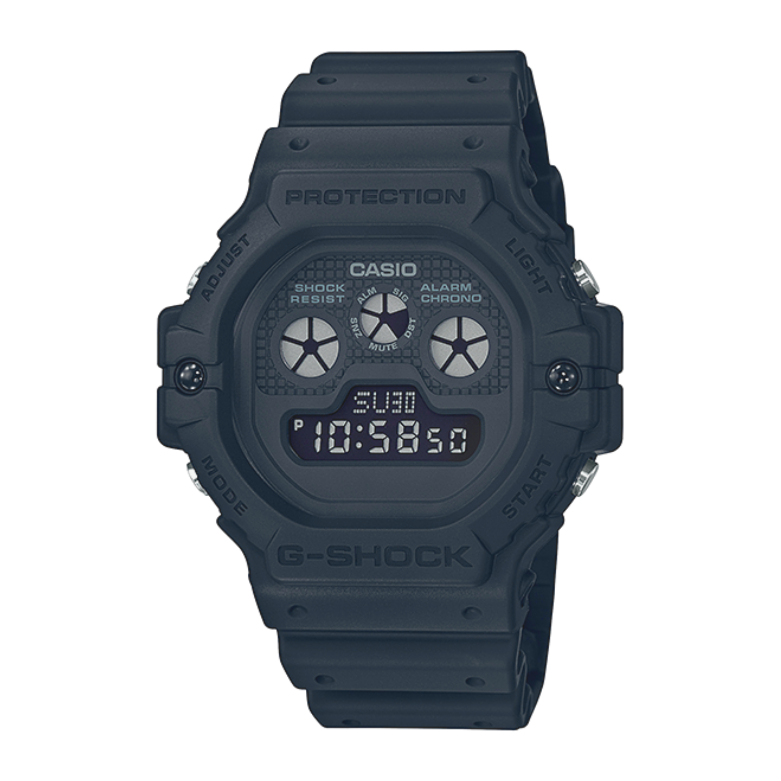 A black CASIO G-SHOCK DW-5900BB-1DR digital watch with a resin band and a digital display showing time, date, and various watch features.