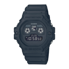 A black CASIO G-SHOCK DW-5900BB-1DR digital watch with a resin band and a digital display showing time, date, and various watch features.