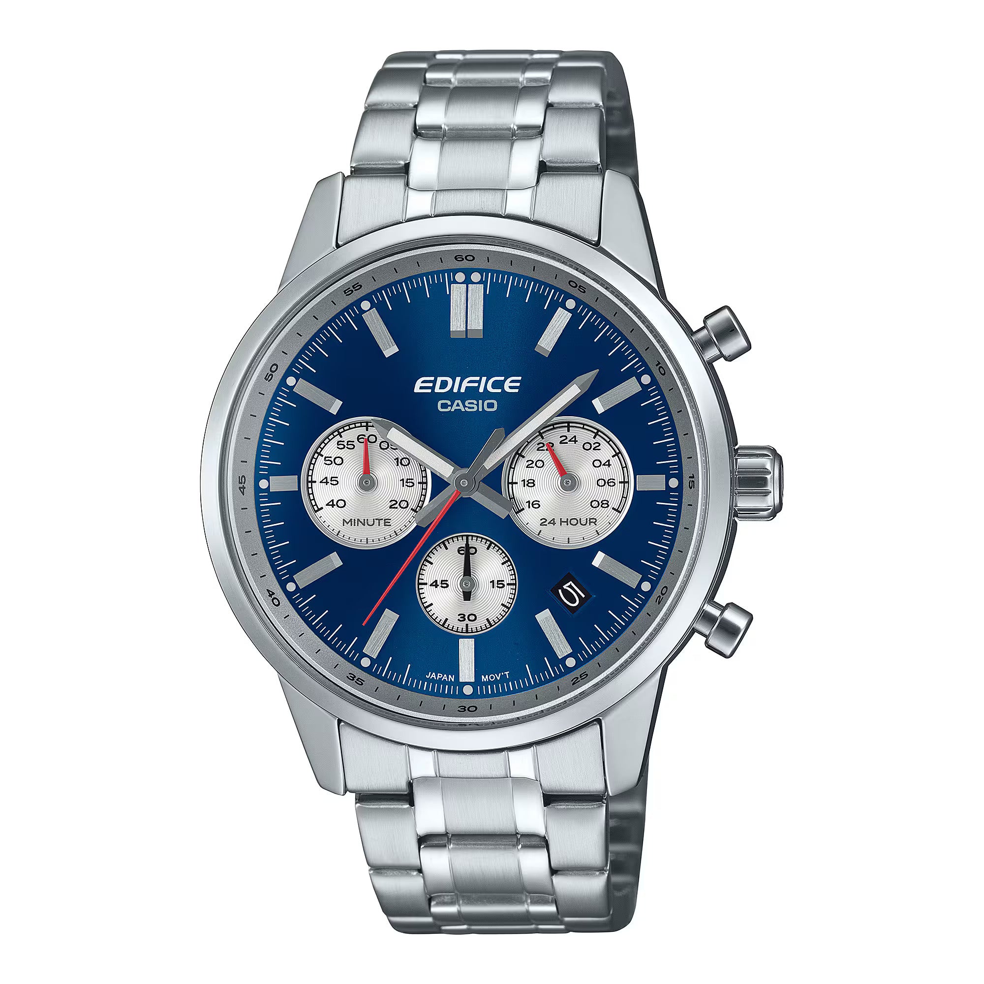 A Casio Edifice analog watch with a blue dial, stainless steel band, and multiple dials and a date display.