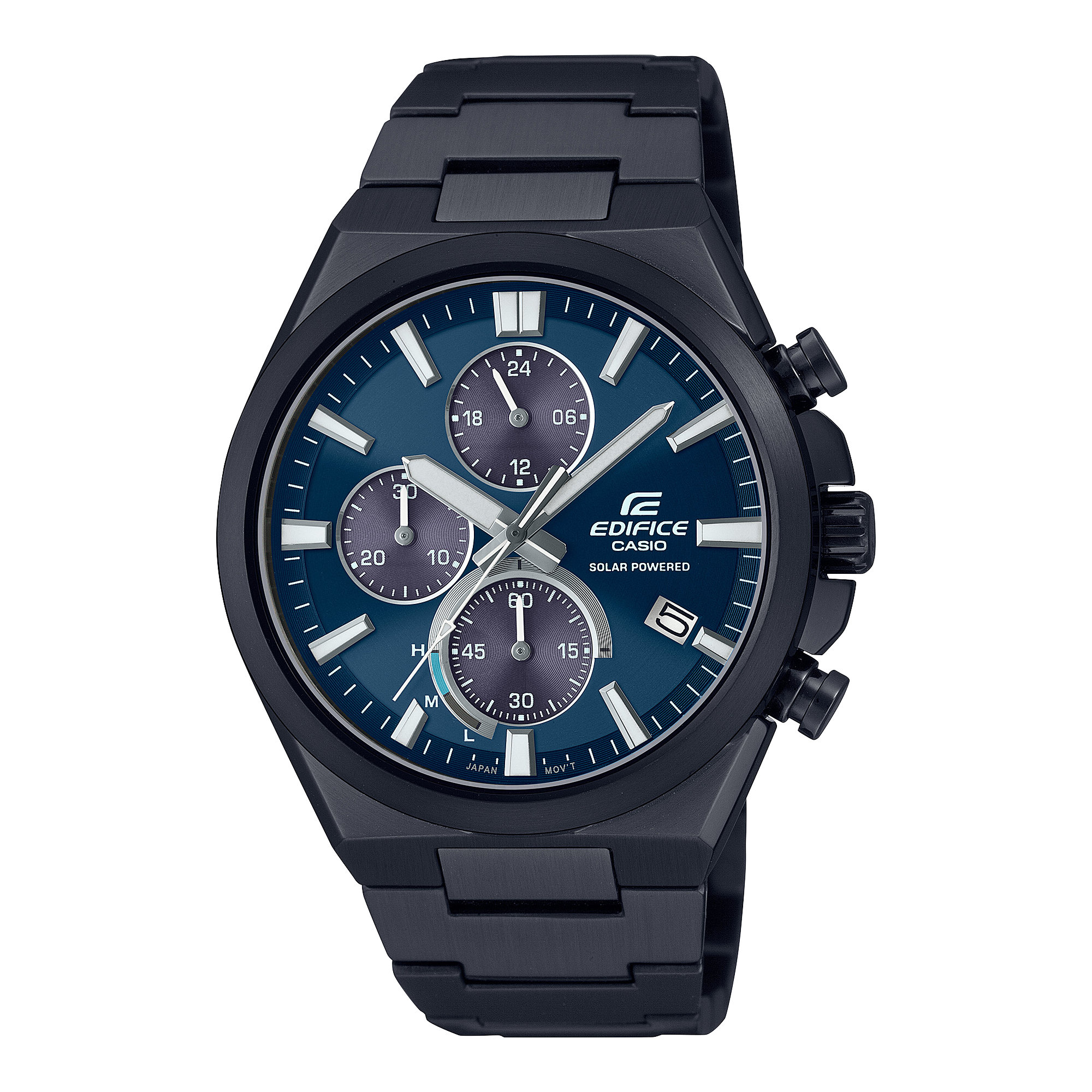 A black CASIO EDIFICE EQS-950DC-2AVUDF watch with a blue dial, chronograph features, and a stainless steel band.