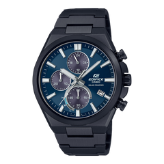 A black CASIO EDIFICE EQS-950DC-2AVUDF watch with a blue dial, chronograph features, and a stainless steel band.