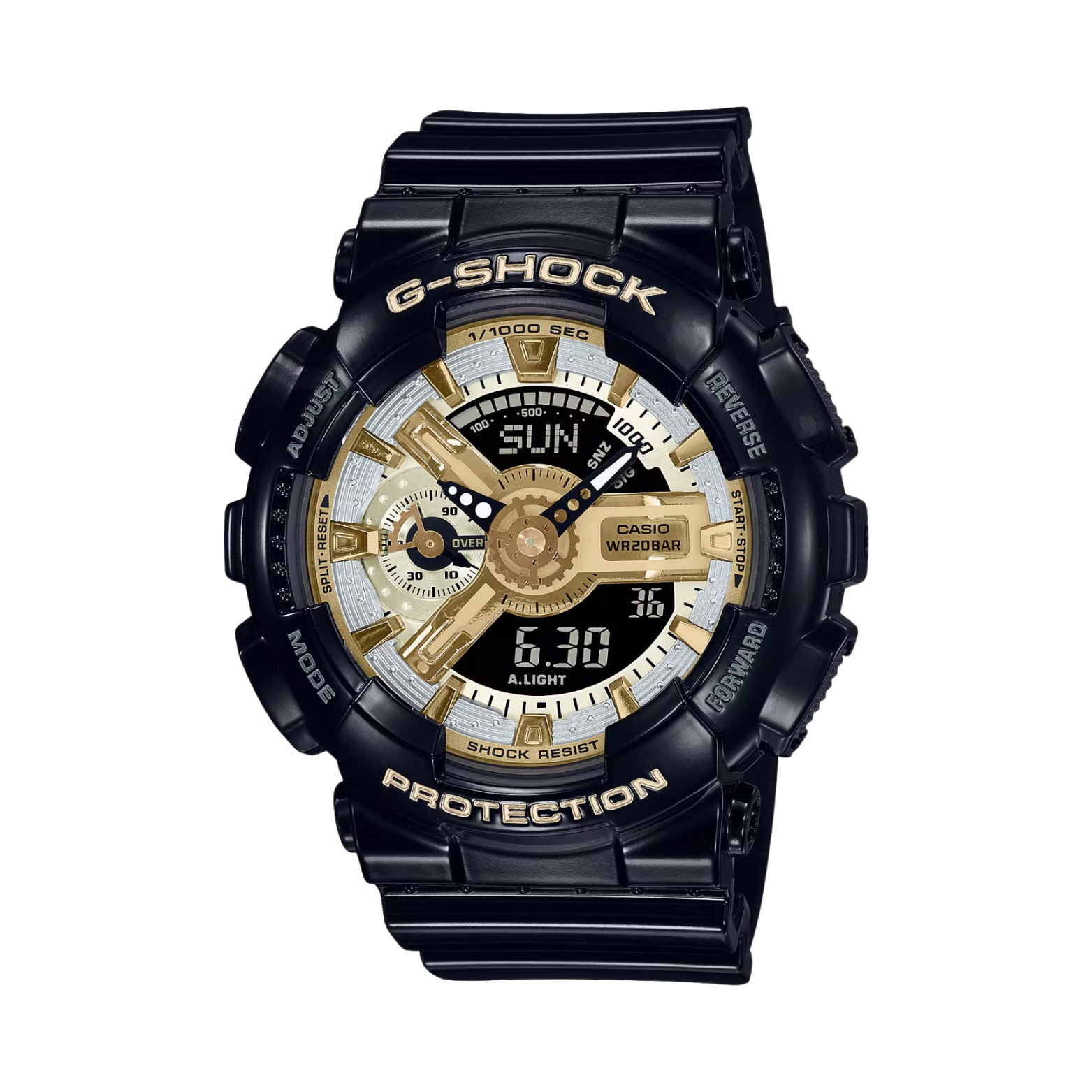 A Casio G-Shock watch with a black band and casing, featuring a black dial with gold accents, analog and digital displays, and the G-Shock logo.
