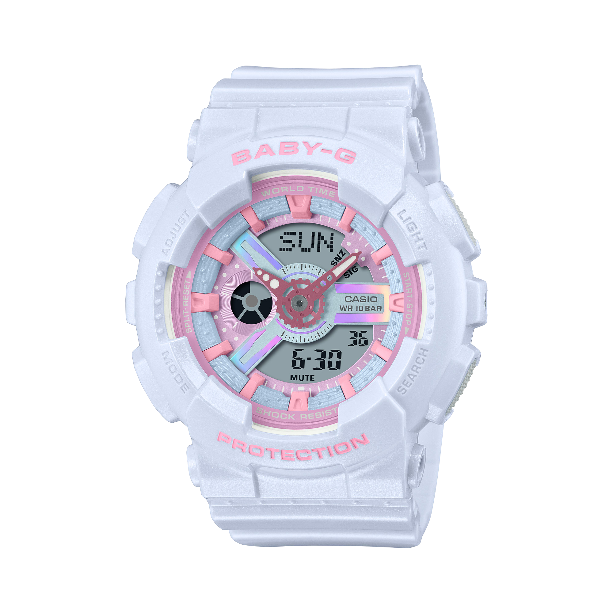 A Casio G-Shock BA-110FH-2ADR watch with a white resin band and case, featuring a digital display with pink and silver accents.