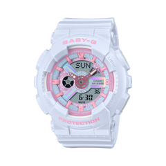 A Casio G-Shock BA-110FH-2ADR watch with a white resin band and case, featuring a digital display with pink and silver accents.