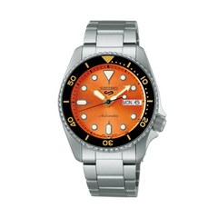 A Seiko watch with a silver stainless steel band and an orange dial with a unidirectional rotating bezel, displayed against a white background.